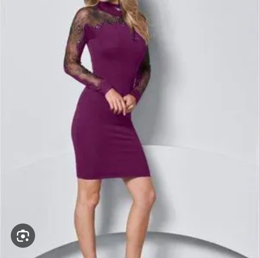 VENUS Purple Long Sleeve Dress with Black Lace